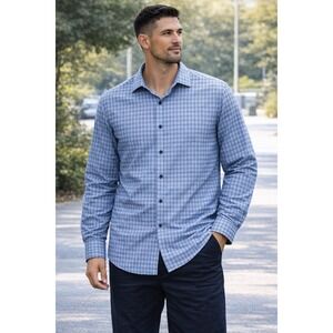 Tasso Elba Men's XL 17-17.5 Blue Black Micro Plaid Textured Shirt Cotton Btn Up